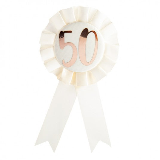 50th Birthday Rose Gold on White Rosette Badge