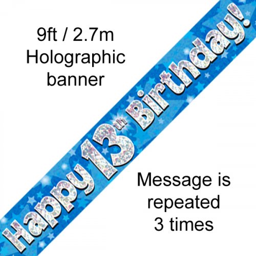 Blue Holographic Happy 13th Birthday Banner 2.7m