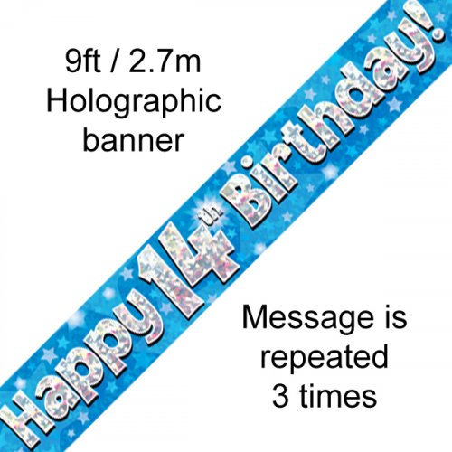 Blue Holographic Happy 14th Birthday Banner 2.7m