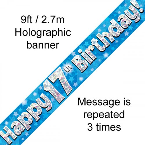 Blue Holographic Happy 17th Birthday Banner 2.7m
