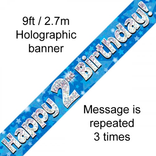 Blue Holographic Happy 2nd Birthday Banner 2.7m