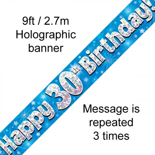 Blue Holographic Happy 30th Birthday Banner 2.7m