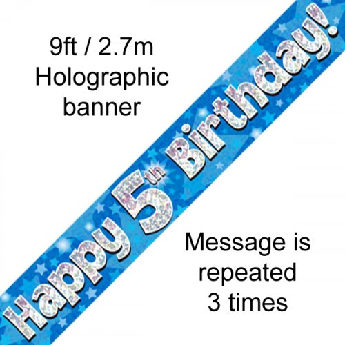 Blue Holographic Happy 5th Birthday Banner 2.7m
