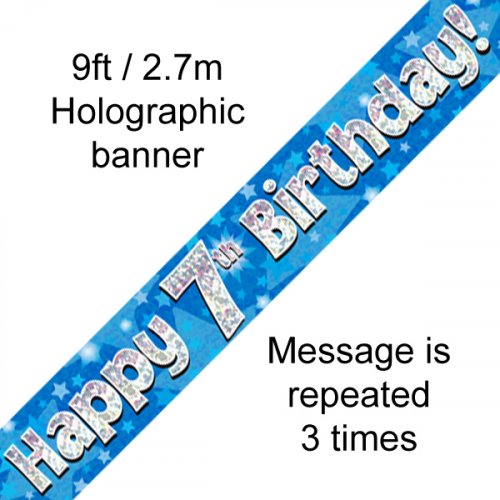 Blue Holographic Happy 7th Birthday Banner 2.7m