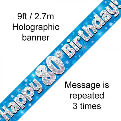 Blue Holographic Happy 80th Birthday Banner 2.7m