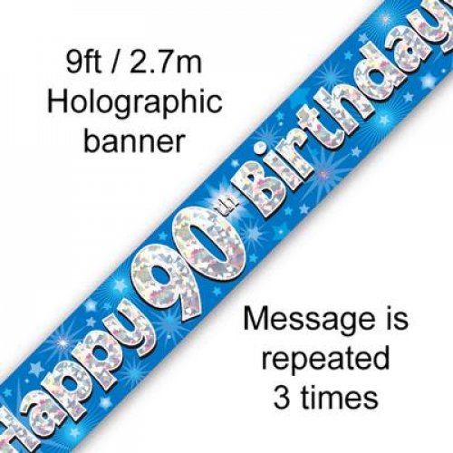 Blue Holographic Happy 90th Birthday Banner 2.7m