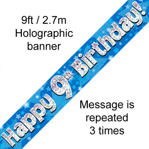Blue Holographic Happy 9th Birthday Banner 2.7m