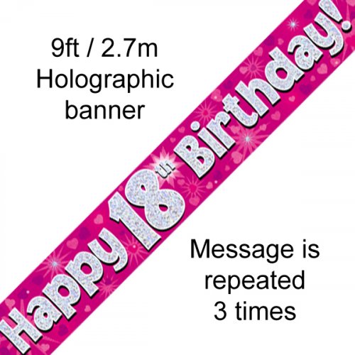 Pink Holographic Happy 18th Birthday Banner 2.7m